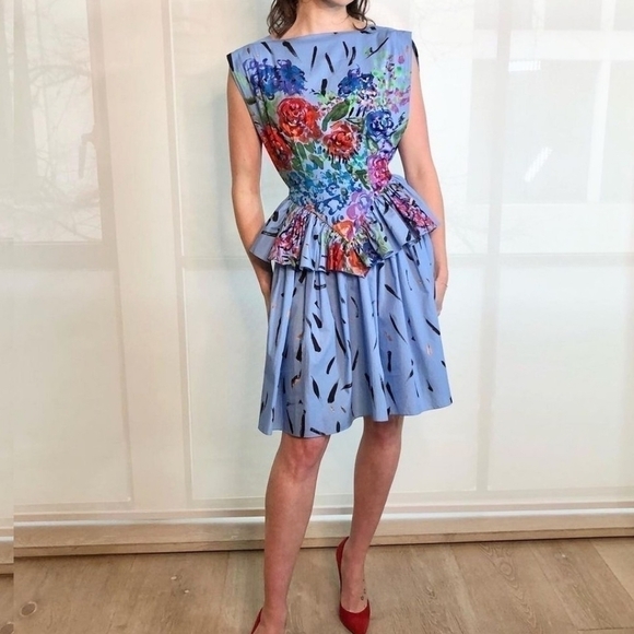 Christopher Kane blue floral brushstrokes peplum sleeveless dress size 2 - Picture 4 of 16